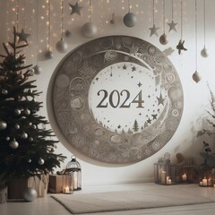 New Year 2024 celebration concept in style Christmas. Home and interior decoration. Minimalism. Boho style  created with generative ai  