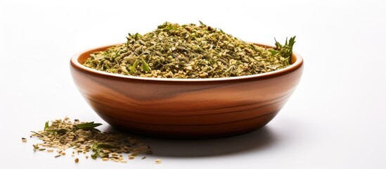 Pile of green za atar spice blend in a bowl Popular Middle Eastern condiment With copyspace for text