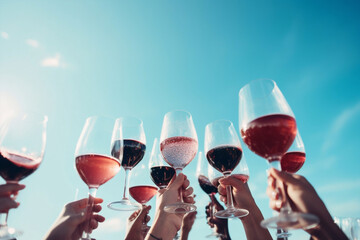 Friends celebrate red toasting holiday party beverage wine glasses group drink alcohol people - obrazy, fototapety, plakaty