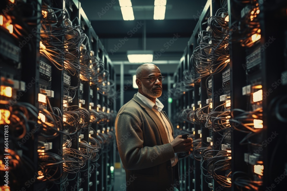 Poster male data center manager monitoring system performance on console. console is in the foreground and 