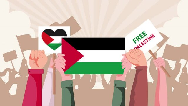 4k 2D animation: protesters with Palestinian flags and messages of support.