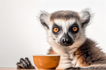 Portrait of a funny lemur drinking coffee from a cup and looking at the camera. Portrait of Ring-tailed lemur with big yellow eyes close up