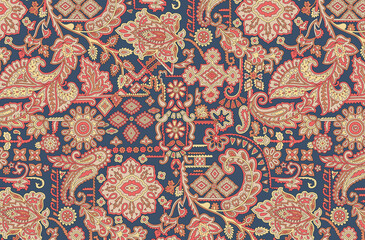 Seamless ethnic paisley pattern on grey background