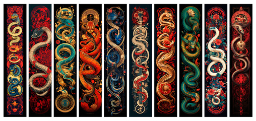 Bundle of Chinese Horoscope Snake Bookmarks Printable. Snake Zodiac Bookmark Set. Beautiful bookmarks for book lovers