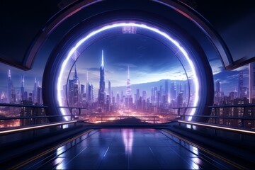 Cyberpunk-inspired tunnel with holographic displays and a dystopian cityscape in the distance, Generative AI 