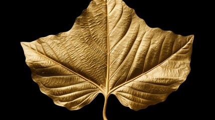 Sacred fig leaf in gold leaf. Isolated against a bLack background.