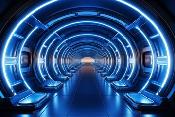  Futuristic sci-fi tunnel with neon lights and a sense of endless depth, Generative AI