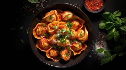 Delicious tortellini with meat in tomato sauce, sprinkled with parmesan cheese and basil. Top view.