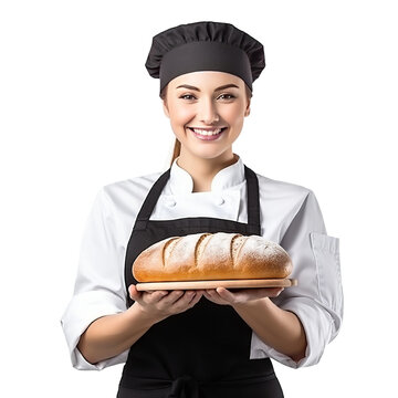 Young female chef holding a loaf of bread isolated on white background