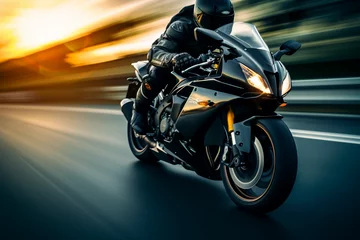 Poster black motorbike rider at high speed along the highway, 3d rendering , AI generative   © Salawati