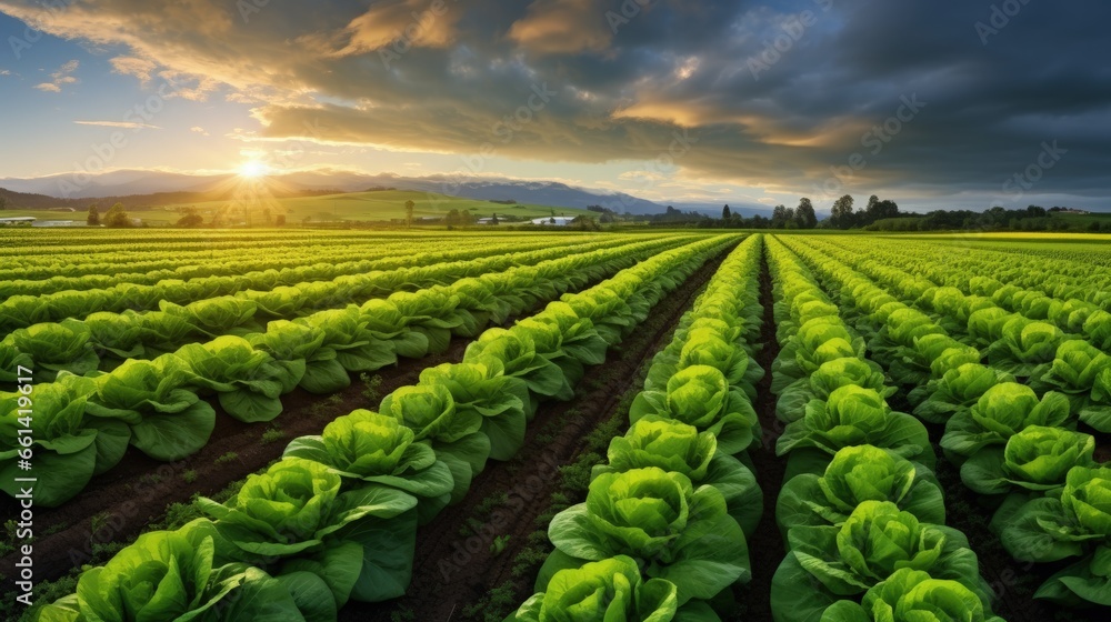 Poster Cultivated field of lettuce growing in rows along the contour line in sunset at Kent, Washington State, USA. Agricultural composition. Panoramic style.