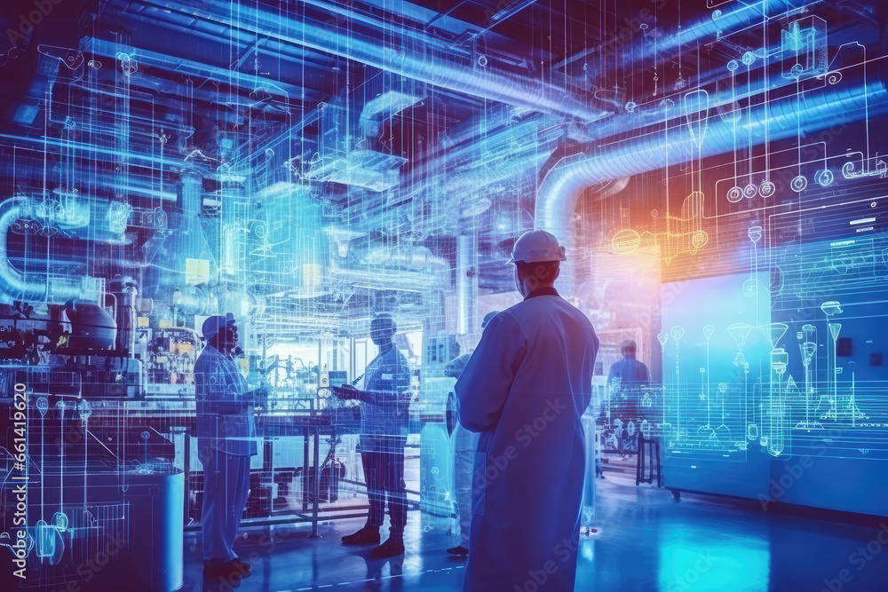 Poster Innovators Exploring a High-Tech Laboratory.  Scientists Analyzing Futuristic Interface