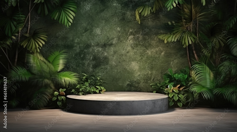 Aufkleber concrete podium in tropical forest for product presentation and green wall.3d rendering