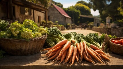 Fresh carrots on outdoor market with seasonal local vegetables and fruits in small Portuguese village near Sintra - obrazy, fototapety, plakaty