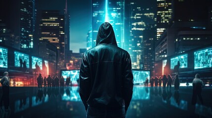 thief cyber ai hacker on city cyber future.Hacking and malware concept. Hacker code digital interface. Hooded Hacker Breaks into Government Data Servers and Infects Their System with a Virus.neon.
