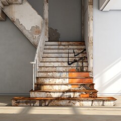 A rustic wooden staircase stands tall against the wall of a building, leading from the ground up to an outdoor porch with each step made of rich lumber