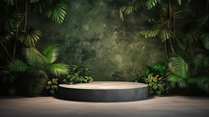 Concrete podium in tropical forest for product presentation and green wall.3d rendering - obrazy, fototapety, plakaty