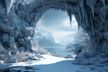 Otherworldly ice cave tunnel with intricate ice formations and a chilly ambiance, Generative AI