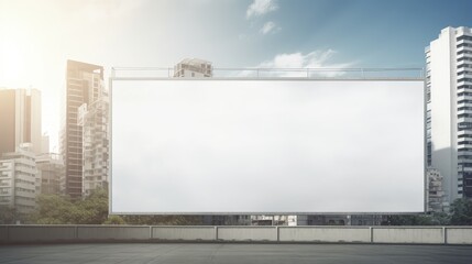 Fototapeta premium Blank white banner for advertisement on the fence. Residential area with modern buildings and tower crane in the background.