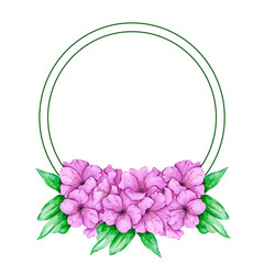 Hand drawn watercolor purple azalea frame border isolated on white background. Can be used for invitation, postcard, poster, decoration and other printed products.
