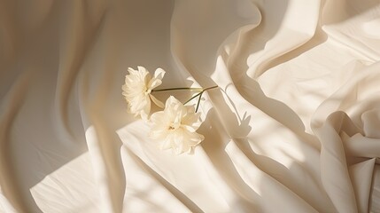 Floral sunlight shadows on neutral beige cloth,aesthetic minimalist natural background, copy space