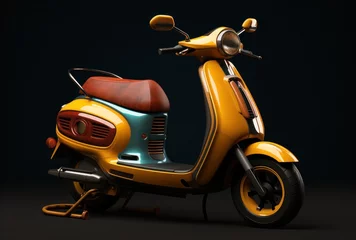 Fotobehang A vibrant yellow scooter with a sleek brown seat rests gracefully, its tire and wheel gleaming in the sunlight, a symbol of freedom and adventure, evoking images of a vintage moped or a stylish vespa © mockupzord