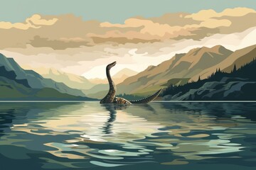 loch ness monster in lake illustration - obrazy, fototapety, plakaty
