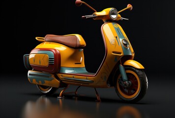 A vibrant yellow and blue scooter, its motor purring like a wild animal, sat parked on the side of the road, its sleek wheels and tires gleaming in the sunlight, beckoning to be ridden like a daring 