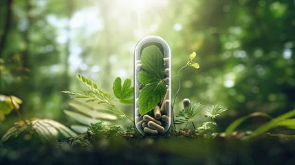 Foto auf Acrylglas Alternative medicine herbal organic capsule drug with herbs leaf natural supplements for healthy good life. © HN Works