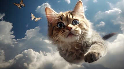 Cat clouds shape. Cat catches a butterfly - obrazy, fototapety, plakaty