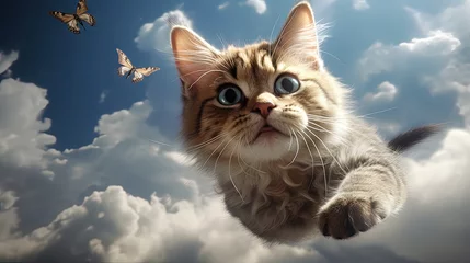 Afwasbaar fotobehang Cat clouds shape. Cat catches a butterfly © HN Works