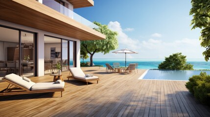 Luxury beach house with sea view patio and terrace in modern design. Wooden floor deck at vacation home or hotel. 3d illustration of contemporary holiday villa exterior.