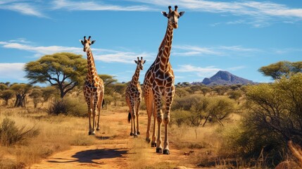 Obraz premium Tall giraffes in the savannah in South Africa. Wildlife conservation is important for all animals living in the wild. Animals walking around a woodland in a safari against a clear, blue sky