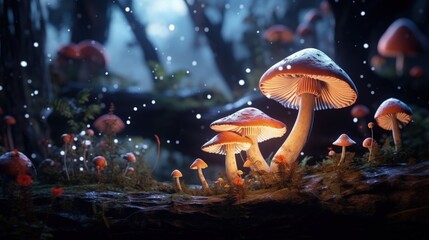 Naklejka premium Mysterious magical cave with magical glowing growing mushrooms. The concept of magical mysterious mushrooms. 3D Rendering.