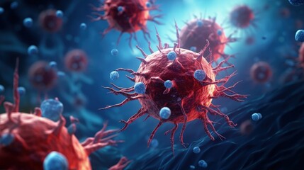 Nanoparticles destroying cancer cells, nanoparticles cancer therapy, cancer cell surrounded by nanoparticles killing the tumor 3d rendering