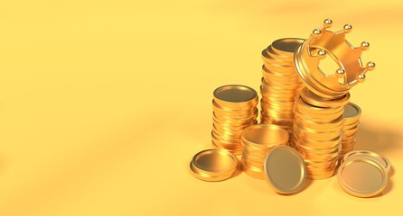 Stack of golden coins with a crown. Finance and investment concept. King money icon symbol. 3D rendering