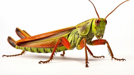 Isolated on white, a grasshopper with red, orange, and green wings. Close-up of the extraordinary and magnificent Madagascar giant grasshopper Phymateus saxosus. Insect collection. Orthoptera. Entomol