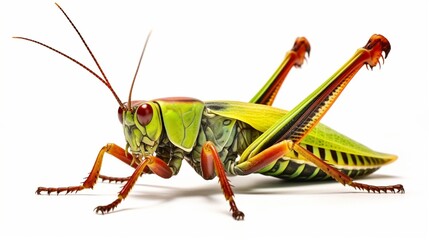 Isolated on white, a grasshopper with red, orange, and green wings. Close-up of the extraordinary and magnificent Madagascar giant grasshopper Phymateus saxosus. Insect collection. Orthoptera. Entomol