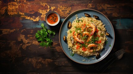 Plate with tasty seafood risotto on grunge background