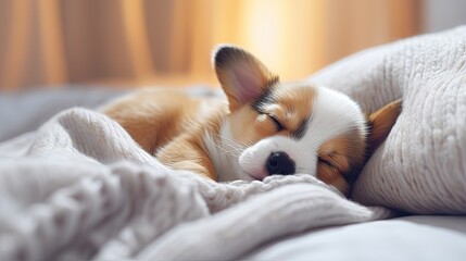 Close up adorable tricolored Welsh corgi puppy sleep on a white soft blanket in studio. Sleep well and tight. Comfort and care for young animals and pets. Vet treatment and control. Copy space