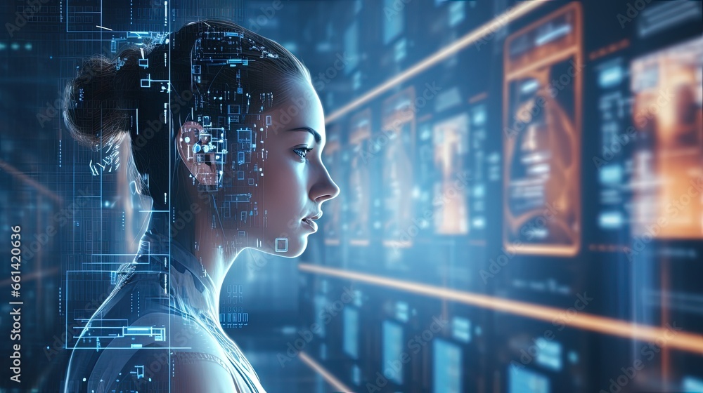 Poster sending information through artificial intelligence systems, ai, technology data transmission, conce