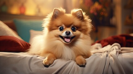 Pomeranian dog sitting on the bed in pet store