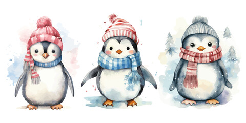 Cherry Pale Yellow and Grayish Blue Christmas Winter penguins watercolor vectors