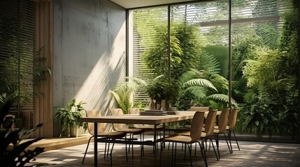 Eco friendly house dining room interior with fern plants and a screen