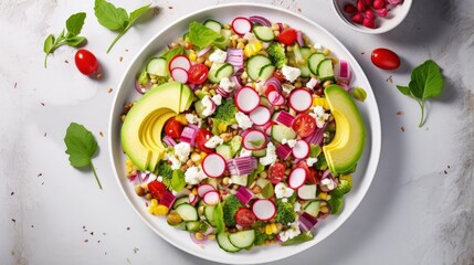 Fototapeta na wymiar Plate of colorful healthy salad with avocado, sweet corn, pomegranate, cucumber, red onion, lime, greek yogurt and sunflower seeds on a marble background, top view