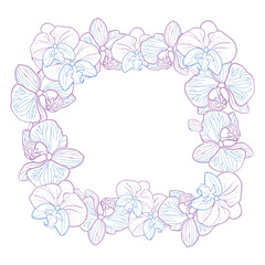 Orchid tropical flower wreath. Vector line art hand drawn illustration for design of card or invite, logo, coloring page