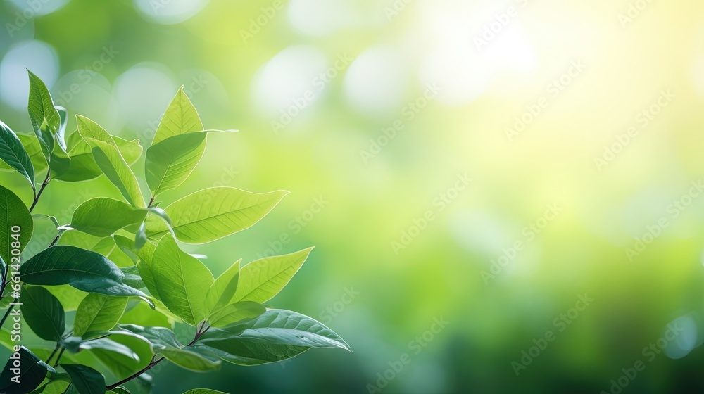 Poster amazing nature view of green leaf on blurred greenery background in garden and sunlight with copy sp
