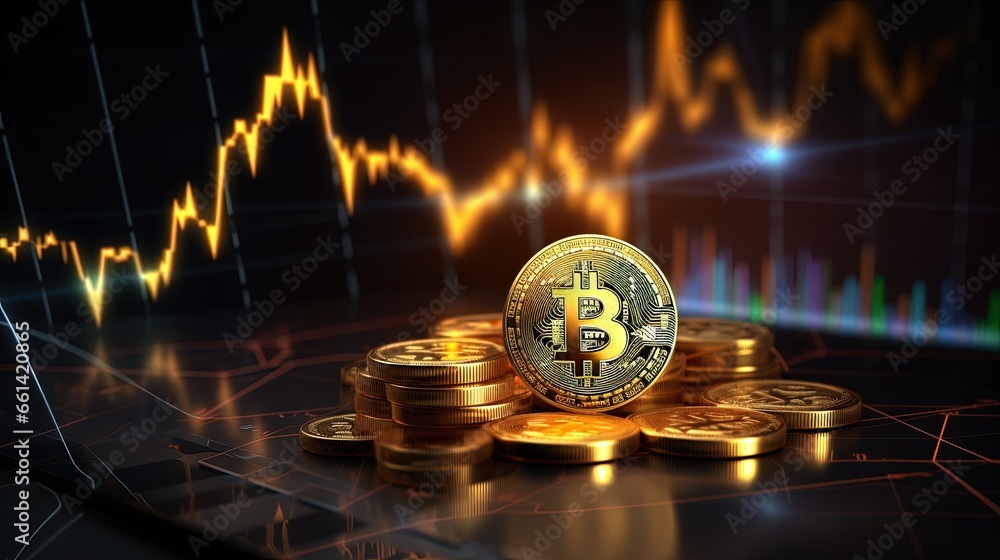 Aufkleber Golden bitcoin coin in neon light with bull trading stock chart.Bitcoin Gold and Cash lightning blockchain hard fork concept.Cryptocurrency coin on polygon peer to peer network background.