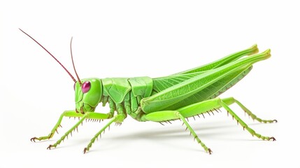 Fototapeta premium Isolated on white, a green grasshopper with pink wings. macro close shot of Chondracris rosea, orthoptera, bug collection, design element