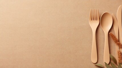 Banner with eco craft paper tableware and wooden cutlery on beige background with copy space. Top view